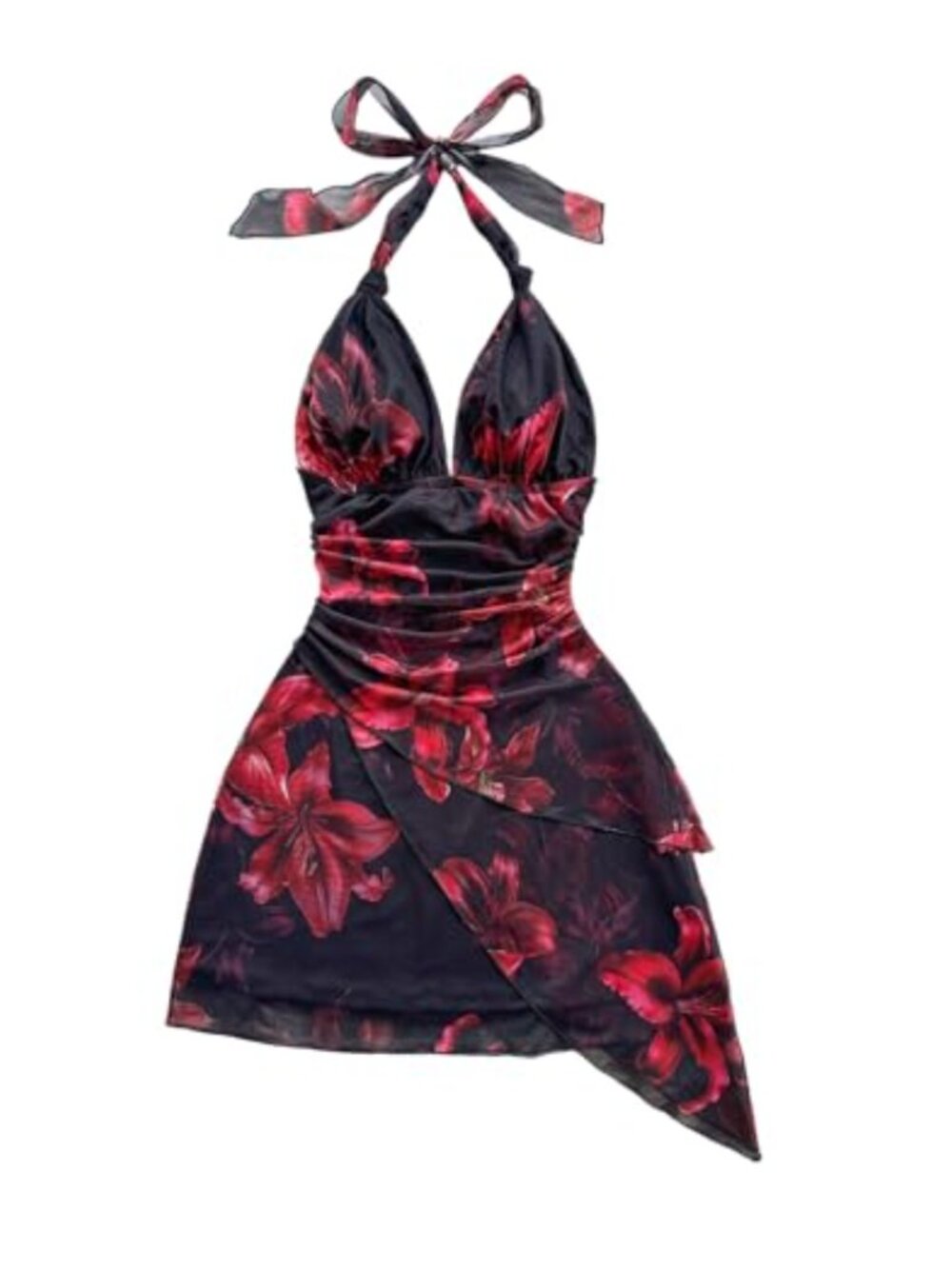 Women's Floral Halter Dress Layered Ruched Deep V Tie Backless Mini Sundress
